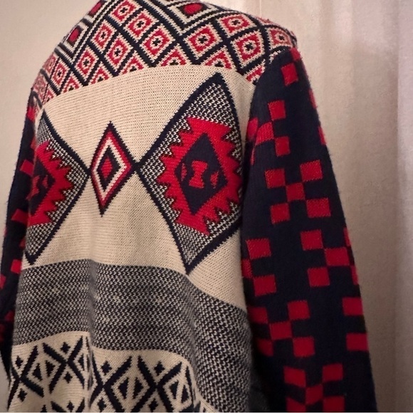 𝅺Double Zero Southwestern Knit Red Navy Blue Open Front Slouchy Chunky Cardigan - Picture 7 of 9